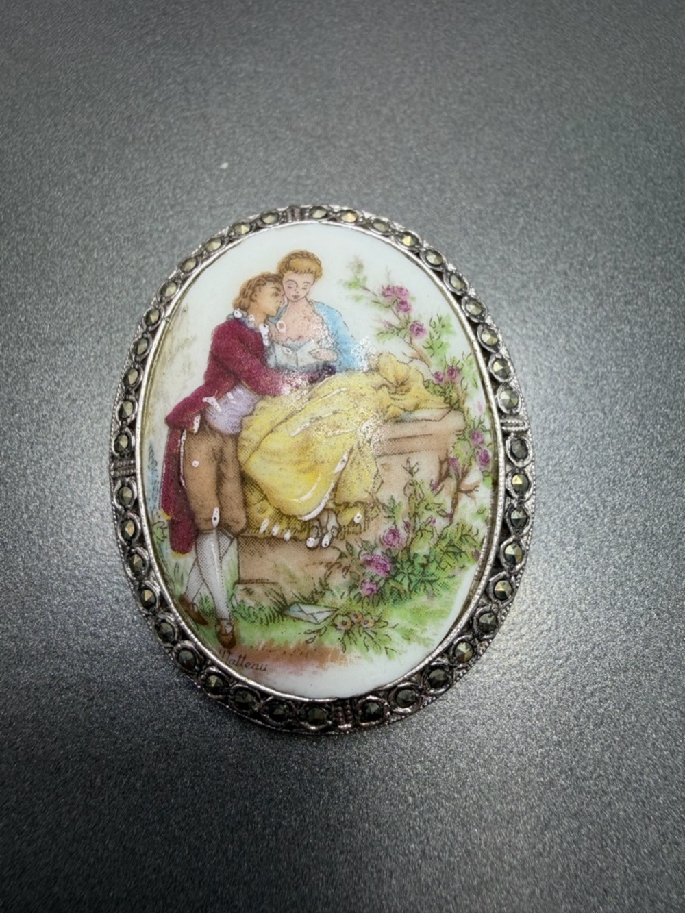 Vintage Limoges Brooch Courting Couple Yellow dress #107PO
